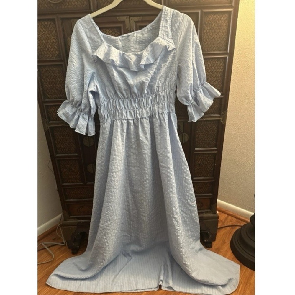 VTG Peasant Blue Prairie Dress Long Maxi Short Sleeve Embroidered Size M/L - Picture 4 of 16